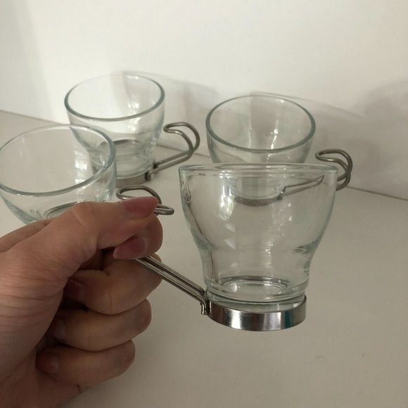 4 Bormioli Rocco Espresso Glasses Stainless Handles Set EEUC - Picture 2 of 3